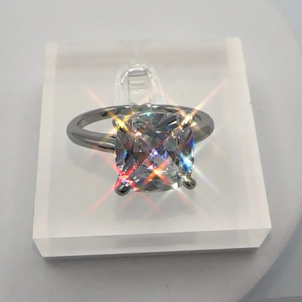 Cubic Zirconia Solitaire Ring Silver Tone - Picture 5 of 7